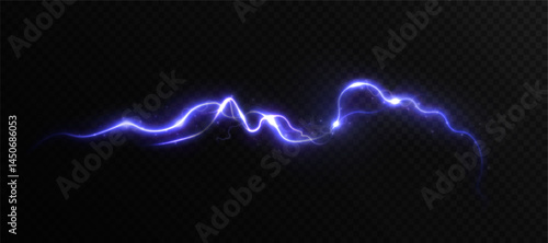 Blue lightning arc with glowing edges and electric current movement on transparent background. Vector light effect using glowing energy flow and science fiction visual style.