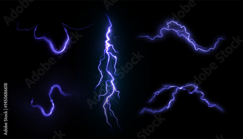 Blue lightning arc with glowing edges and electric current movement on transparent background. Vector light effect using glowing energy flow and science fiction visual style.