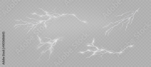 Set of realistic white lightning with branched electrical patterns on transparent background. Effect of high-voltage energy strikes and natural atmospheric discharges. Vector