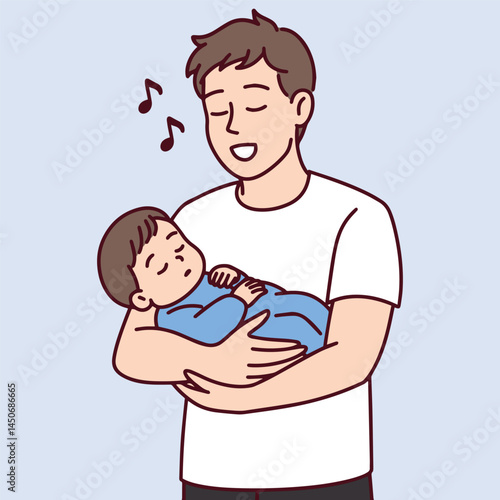 Father lovingly holds his baby boy and sings a gentle lullaby, creating a comforting and emotional bonding moment during bedtime routine at home