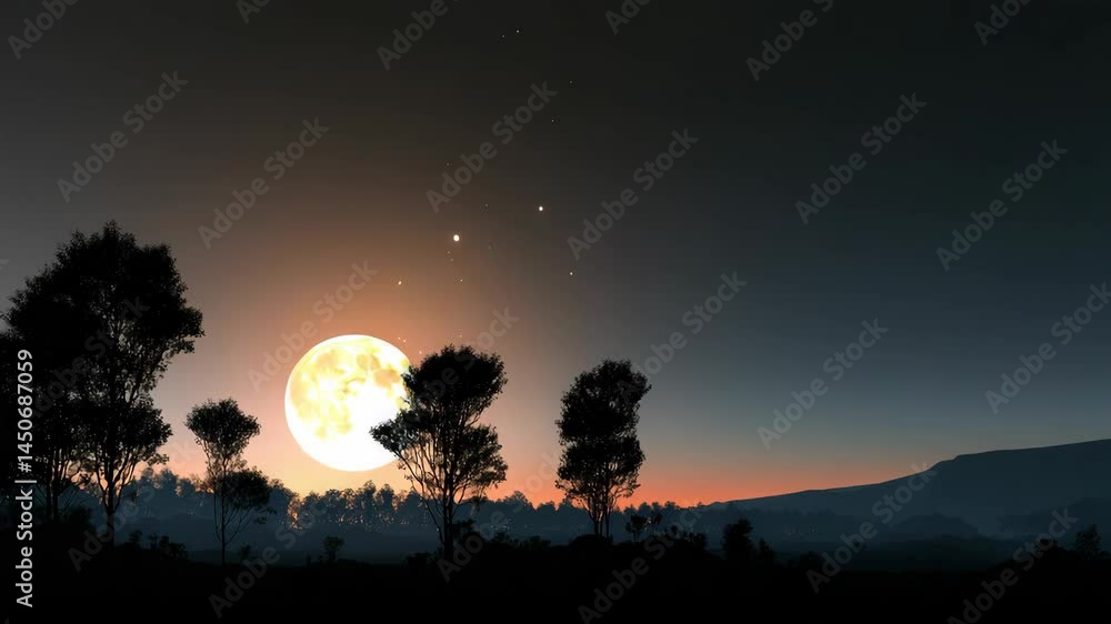 Full moon rising over silhouetted trees and a distant mountain range during dusk sky, landscape view, nature scene, nighttime atmosphere Full moon rising over silhouetted trees and a distant mountain range during dusk sky, landscape view, nature scene, nighttime atmosphere