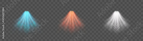 A set of glowing light streams simulating the dynamics of air flow and ventilation on a transparent background. The effect of directed beams of movement with soft dispersion of air flow.