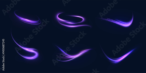Set of glowing purple energy trails with curved motion and swirl effects on dark background. Ideal for magic strikes, UI combat elements, or fantasy motion visuals in games.

