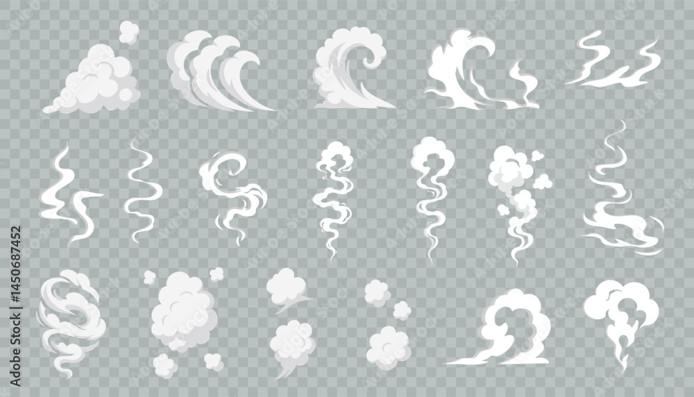 Vector set of white smoke and steam shapes with curved and rising motion. Includes puffs, swirls, and vapor elements for visual effects and design interfaces.
Vector set of white smoke and steam shapes with curved and rising motion. Includes puffs, swirls, and vapor elements for visual effects and design interfaces.