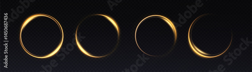 Set of glowing golden rings with glossy light arcs and smooth reflections on dark background. Includes circular highlights for UI design, visual frames, and digital interfaces.

