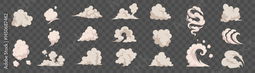 Vector set of beige dust clouds and smoke shapes with soft contours. Set of curved shapes and smoke puffs for visual effects and interface graphics.