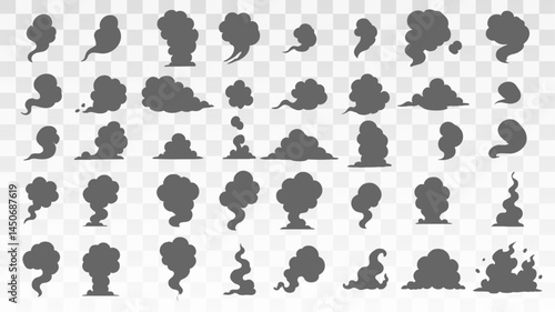 Vector set of smoke silhouettes in various shapes including columns, swirls, and puffs. 