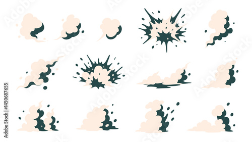Vector set of smoke and explosion elements in simplified graphic style. Includes puffs, blasts, trails, and clouds for visual effects and interface design.

