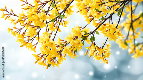 Vibrant Yellow Flowers Blooming on Branches Against a Soft Blue Background