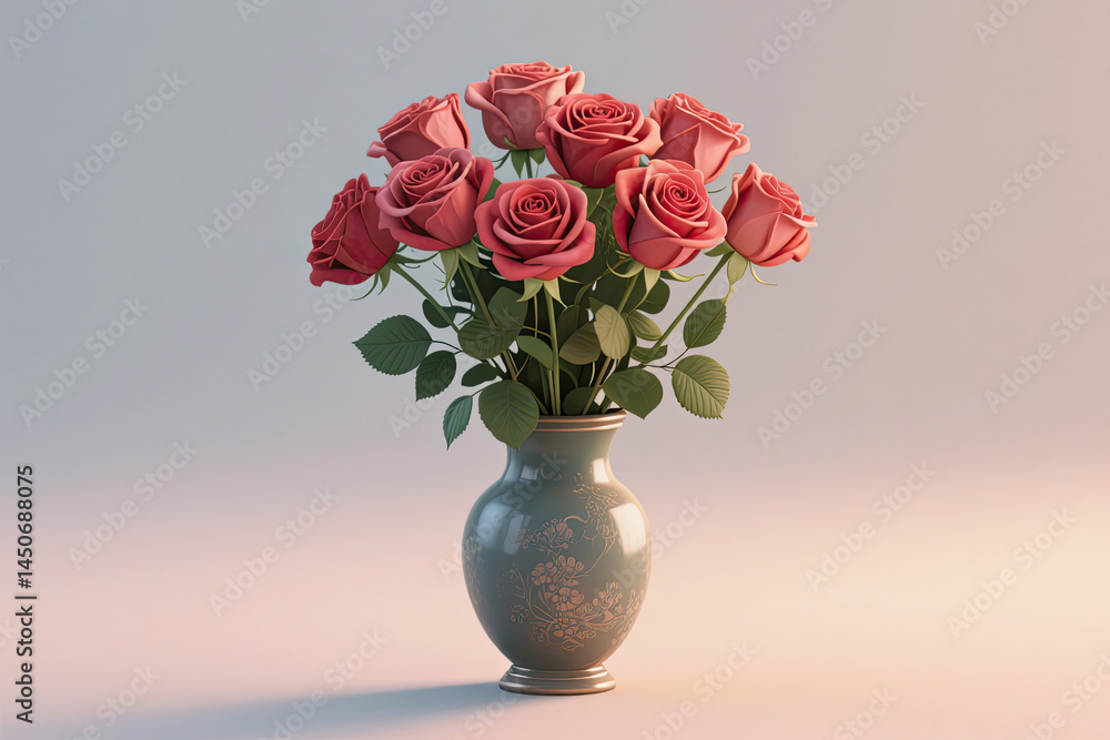 Obraz premium Roses in vase 3d realistic art illustration romantic.