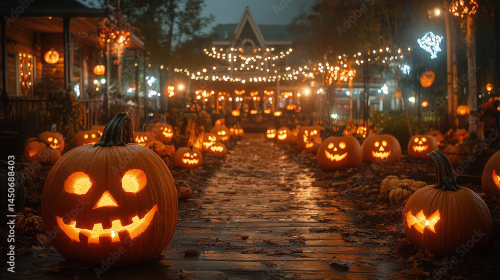 A street lined with glowing jack-o'-lanterns, illuminated by string lights, creating a festive Halloween atmosphere A street lined with glowing jack-o'-lanterns, illuminated by string lights, creating a festive Halloween atmosphere