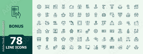 Bonus icon set in linear style. Gift icon pack. Minimalist icons set. Contains such symbols as benefit, present, win, prize, award, gift and more. Vector illustration in line style.