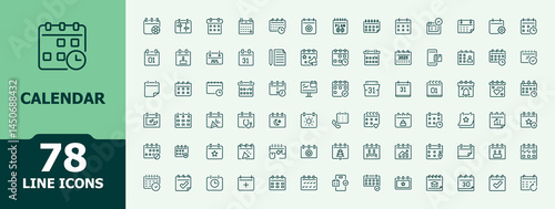 Calendar line icon set. Date and Time icon set. Minimalist icons pack. Includes symbols for month, deadline, organize, date, plan and more. Editable vector art and illustration.