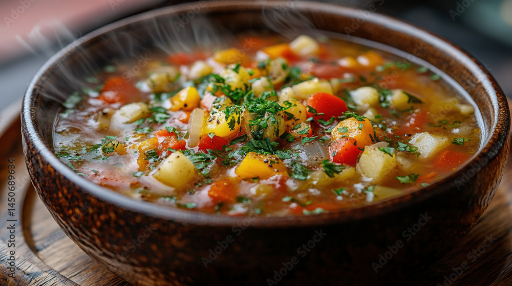 A steaming bowl of vegetable soup with fresh parsley garnish A steaming bowl of vegetable soup with fresh parsley garnish