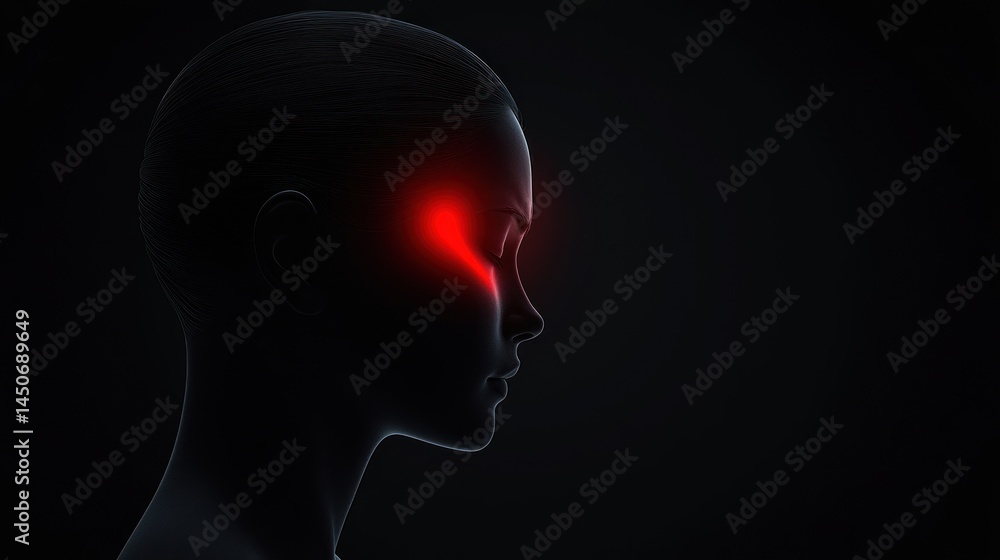 Female head and neck anatomy sinus pain red highlight medical illustration Female head and neck anatomy sinus pain red highlight medical illustration