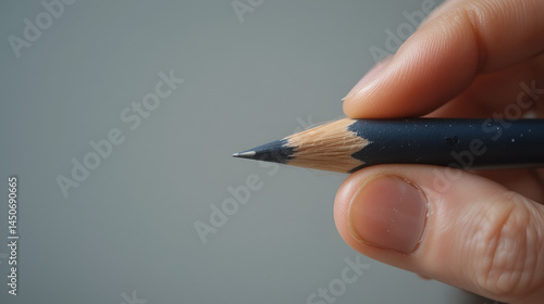 The hand holds an acutely sharpened pencil.
