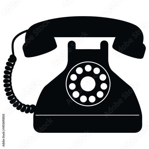 Vintage rotary telephone black silhouette icon, classic design, old telephone silhouette