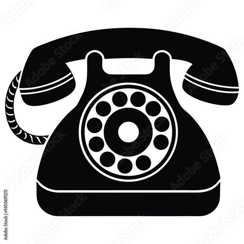 Vintage rotary telephone black silhouette icon, classic design, old telephone silhouette