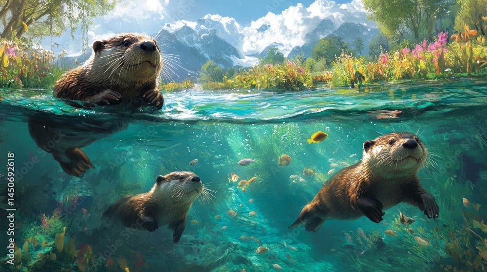 Fototapeta premium Playful Otters Swimming in a Crystal Clear River