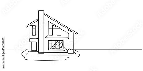 Luxury house building in big city. Architecture property isolated minimalism concept. Dynamic drawing on white background, Continuous one line drawing of luxury apartment house in the middle of town. 
