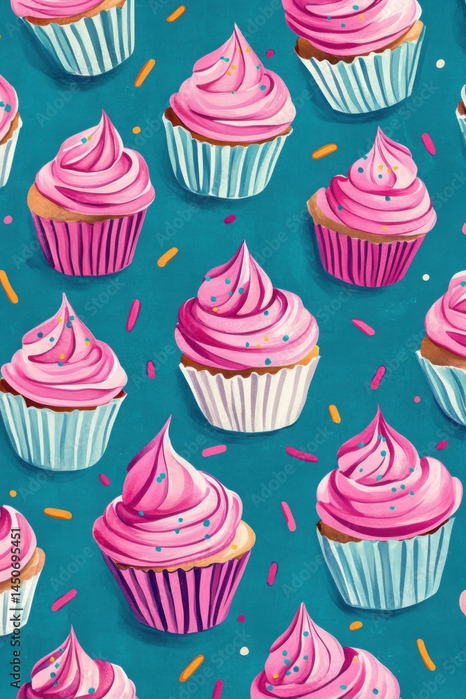 Colorful Cupcake Pattern On Teal Background Colorful Cupcake Pattern On Teal Background