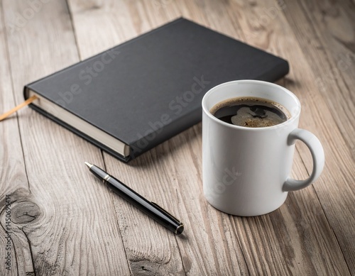 An abandoned cup of coffee next to a closed journal and pen
