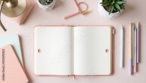 A pink notebook with a white page sits on a table with a pencil and a pen