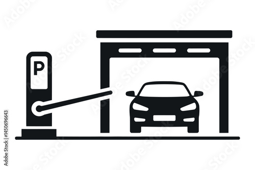 Vector icon of a parking gate with a car passing through, featuring a parking barrier arm. Ideal for parking, transportation, garage, and vehicle-related designs.
