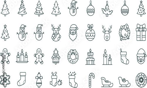 Christmas line icon set. Vector pictograms of Santa Claus, reindeer, Christmas tree, gingerbread man, snowflake, and holiday decorations