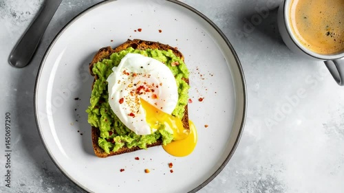 Delicious Avocado Toast with Poached Egg and Coffee