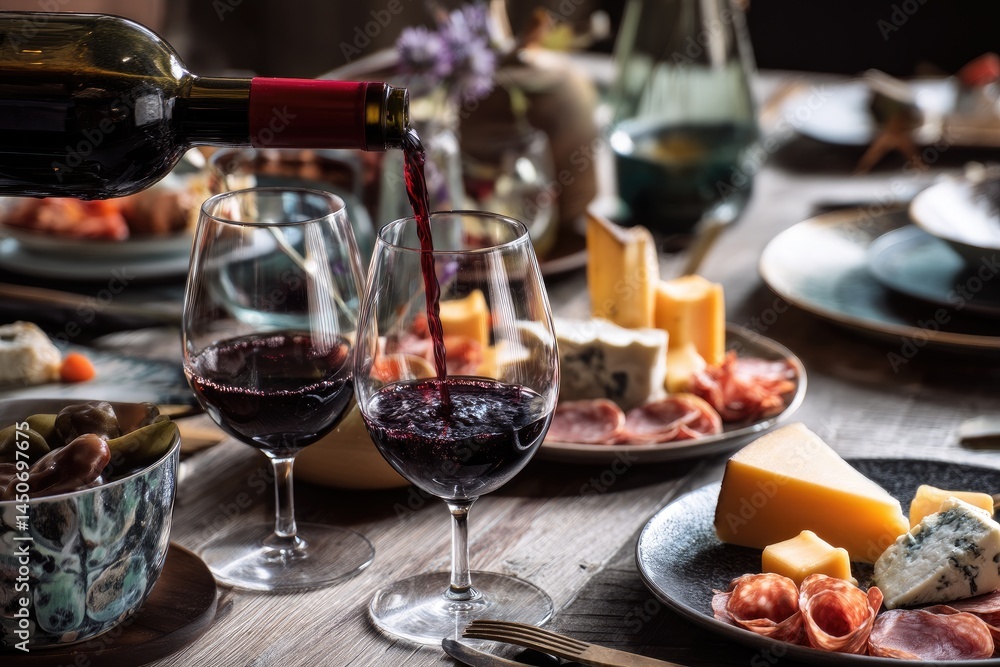 Red wine being poured into glasses at a celebratory dinner table laden with assorted cheeses, cured meats, and appetizers Red wine being poured into glasses at a celebratory dinner table laden with assorted cheeses, cured meats, and appetizers