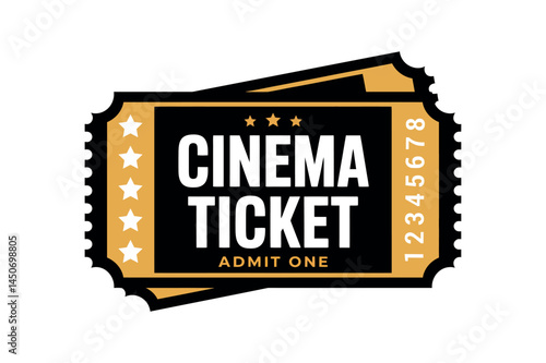 Vector illustration of a cinema ticket with the words Cinema Ticket and admit one, featuring a number series, stars, and a gold design. Ideal for entertainment, movie passes, or event branding.