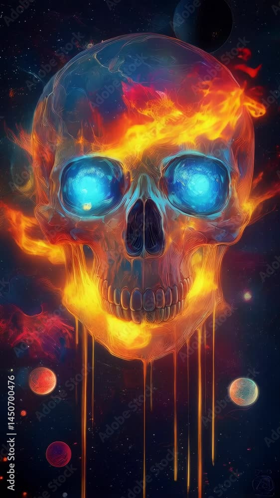 A glowing skull with blue eyes is surrounded by fiery nebula clouds in deep space.
Concept of cosmic death, surreal imagination, Halloween party background. Vertical video A glowing skull with blue eyes is surrounded by fiery nebula clouds in deep space.
Concept of cosmic death, surreal imagination, Halloween party background. Vertical video