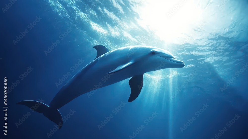Fototapeta premium Playful dolphin swimming gracefully, vibrant underwater scene, sunlight filtering through waves, perfect for marine conservation themes.