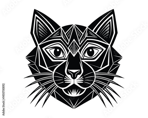 Detailed feline face line art engraving style icon on a white background