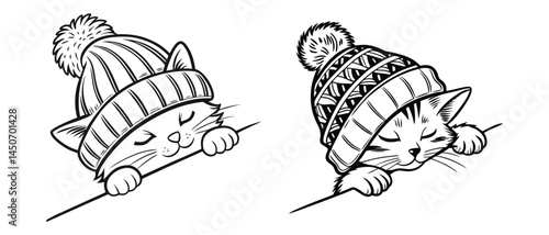 Cute peeking cat in winter beanie hat black and white line art illustration on a white background