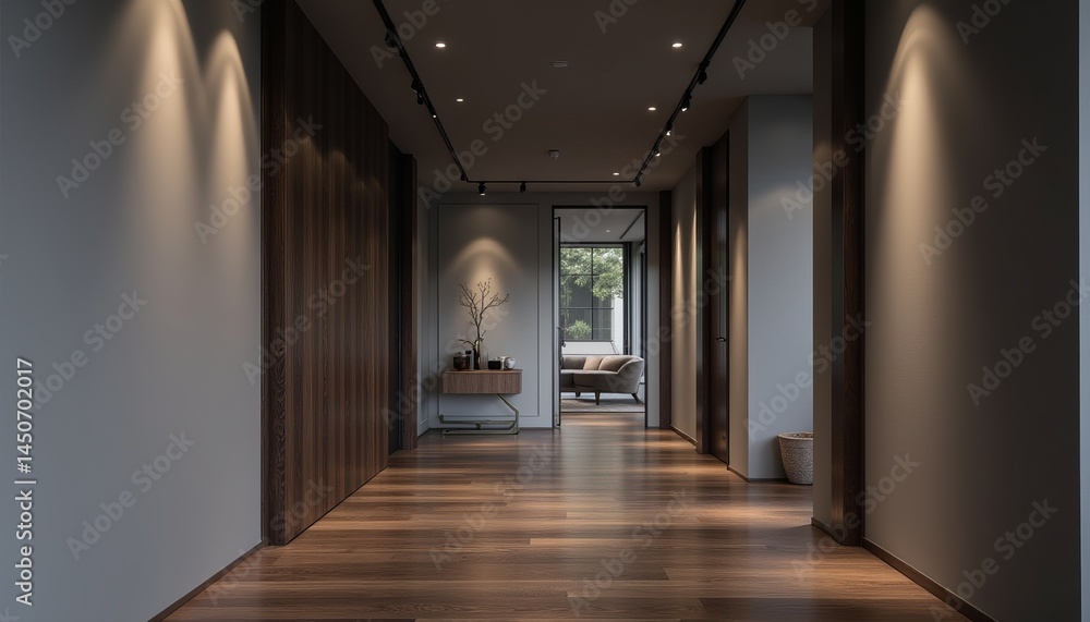 A hallway with a wooden door and a couch in the living room A hallway with a wooden door and a couch in the living room