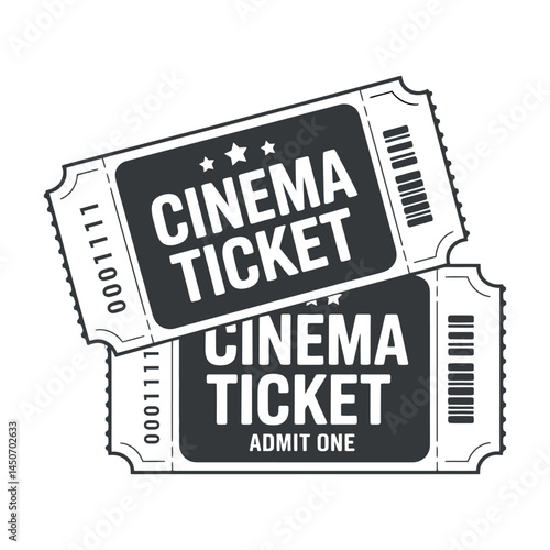 Vector illustration of two cinema tickets with the words Cinema Ticket and admit one, ideal for movie theater, entertainment, or event branding, minimalist black and white style design.