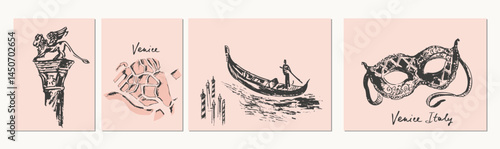 Hand drawn Venice cards. Black ink gondola, carnival mask, map, lion column line drawing