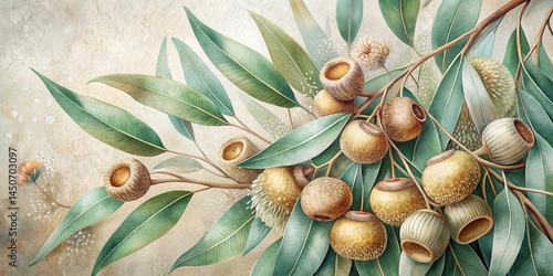 A delicate watercolour illustration featuring a branch of eucalyptus leaves and fruit, showcasing the natural beauty and intricate details of this native Australian plant.