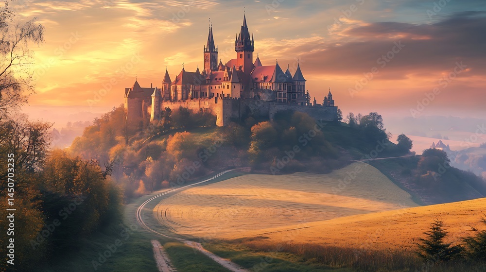 Naklejka premium Majestic castle atop a golden hill at sunrise.