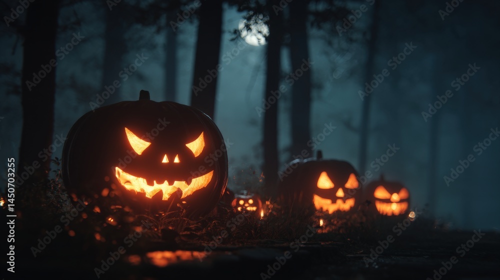 Spooky jack-o'-lanterns illuminate a dark forest path on a moonlit Halloween night. Eerie and atmospheric. Spooky jack-o'-lanterns illuminate a dark forest path on a moonlit Halloween night. Eerie and atmospheric.