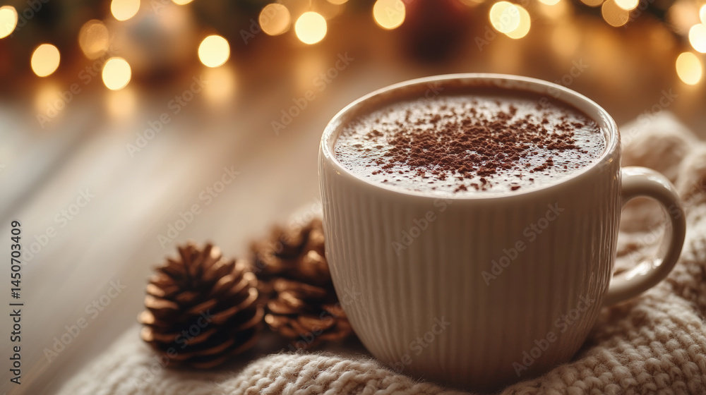 A warm mug of cocoa with cocoa powder on top, nestled in a white knitted scarf with pine cones on a wooden table, and a bokeh of warm lights in the background A warm mug of cocoa with cocoa powder on top, nestled in a white knitted scarf with pine cones on a wooden table, and a bokeh of warm lights in the background