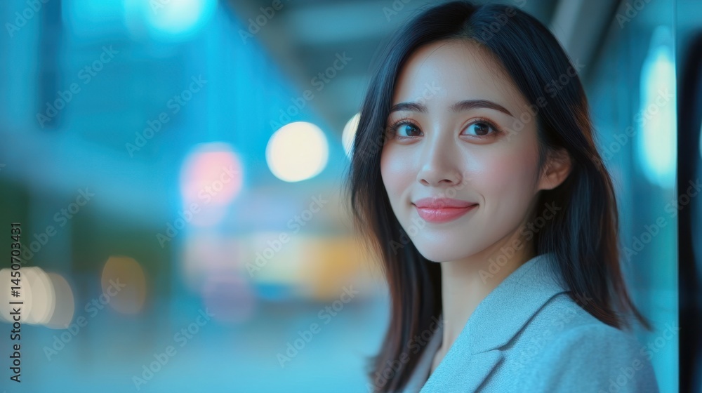Obraz premium Smiling young woman in casual attire against a softly blurred city background, exuding warmth and approachability.