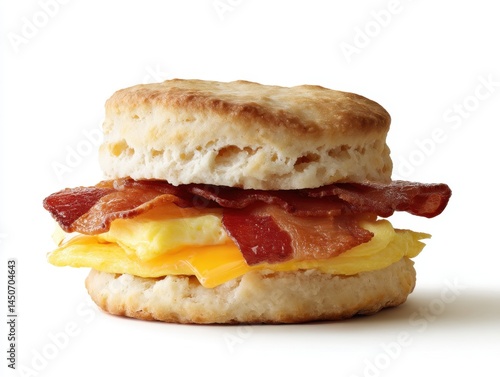 Delicious breakfast biscuit sandwich with egg cheese and bacon on a white background studio shot capturing the essence of a tasty morning meal food photography