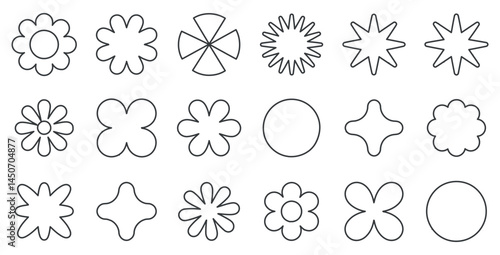 Vector set of flower icons in black outline style, featuring different shapes and designs, minimalist and clean line art suitable for floral patterns, designs, and abstract art projects.