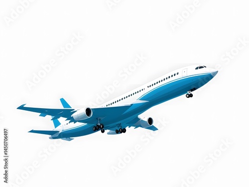 The white aircraft has a blue underbelly isolated on a white background 