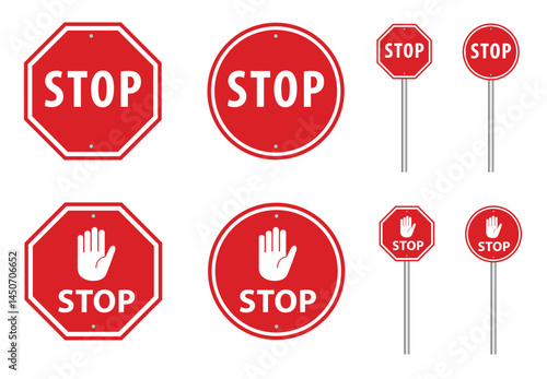 Stop sign vector icons, Red octagon and circle, Traffic control illustration, Downloadable graphics for safety and regulation