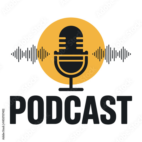 Vector podcast microphone icon with sound waves on a yellow circular background, modern and sleek design for podcasting, broadcasting, and audio content creation. Ideal for media and communication pro