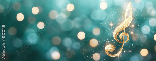 Golden musical note surrounded by glittering lights floating against a dark green celestial background